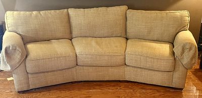 Lee Industries Upholstered Curved Conversation Sofa in Tightrope Teak. A curved three-cushion 