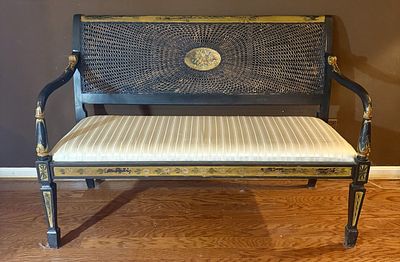 Painted Sheraton Revival Style Settee with Radial Cane Back. FOR PICK UP OR TRANSPORT ONLY, WILL 