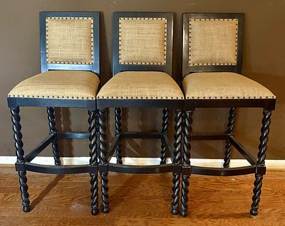 A Trio of Spanish Colonial Style Barley Twist Bar Stools with Burlap Upholstery. FOR PICK UP OR 