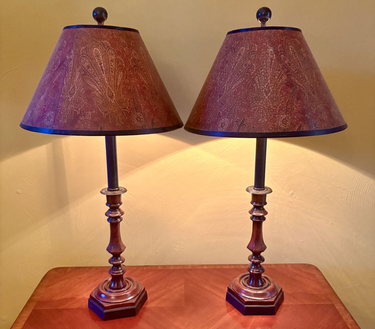 A Pair of Turned Wood and Metal Buffet Table Lamps with Paisley Shades