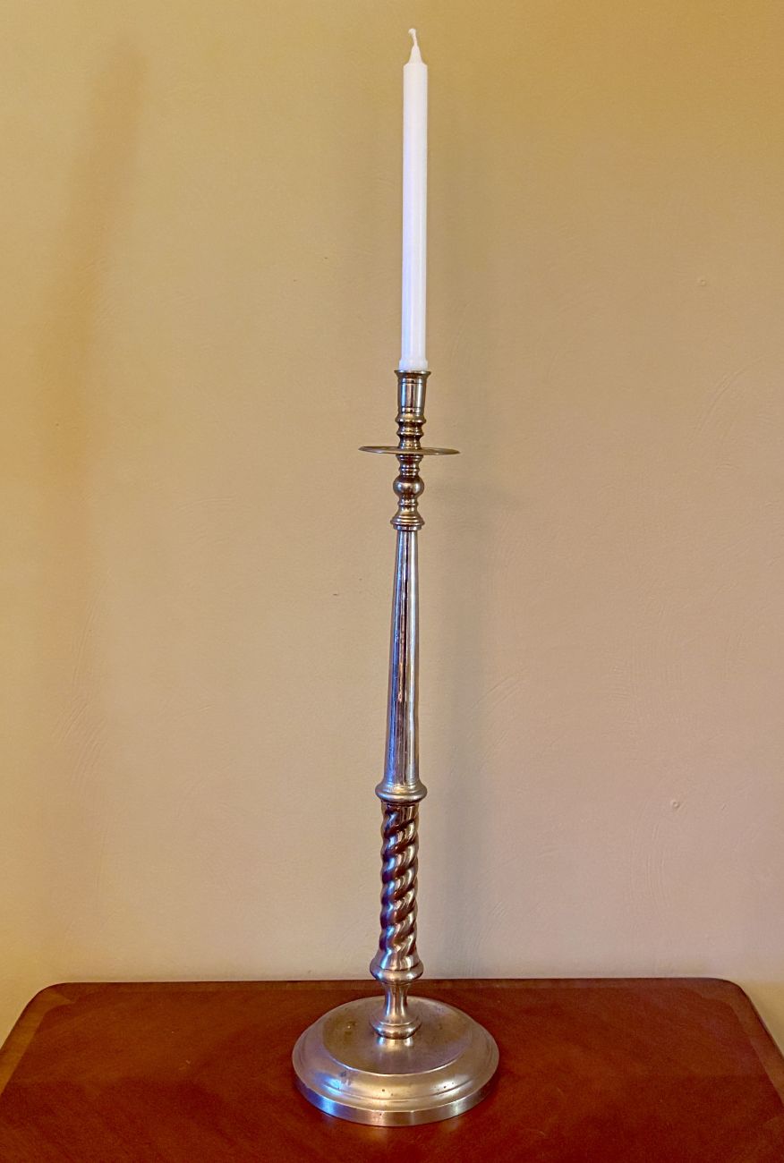 Large Polished Brass Floor Candlestick with Barley Twist Stem