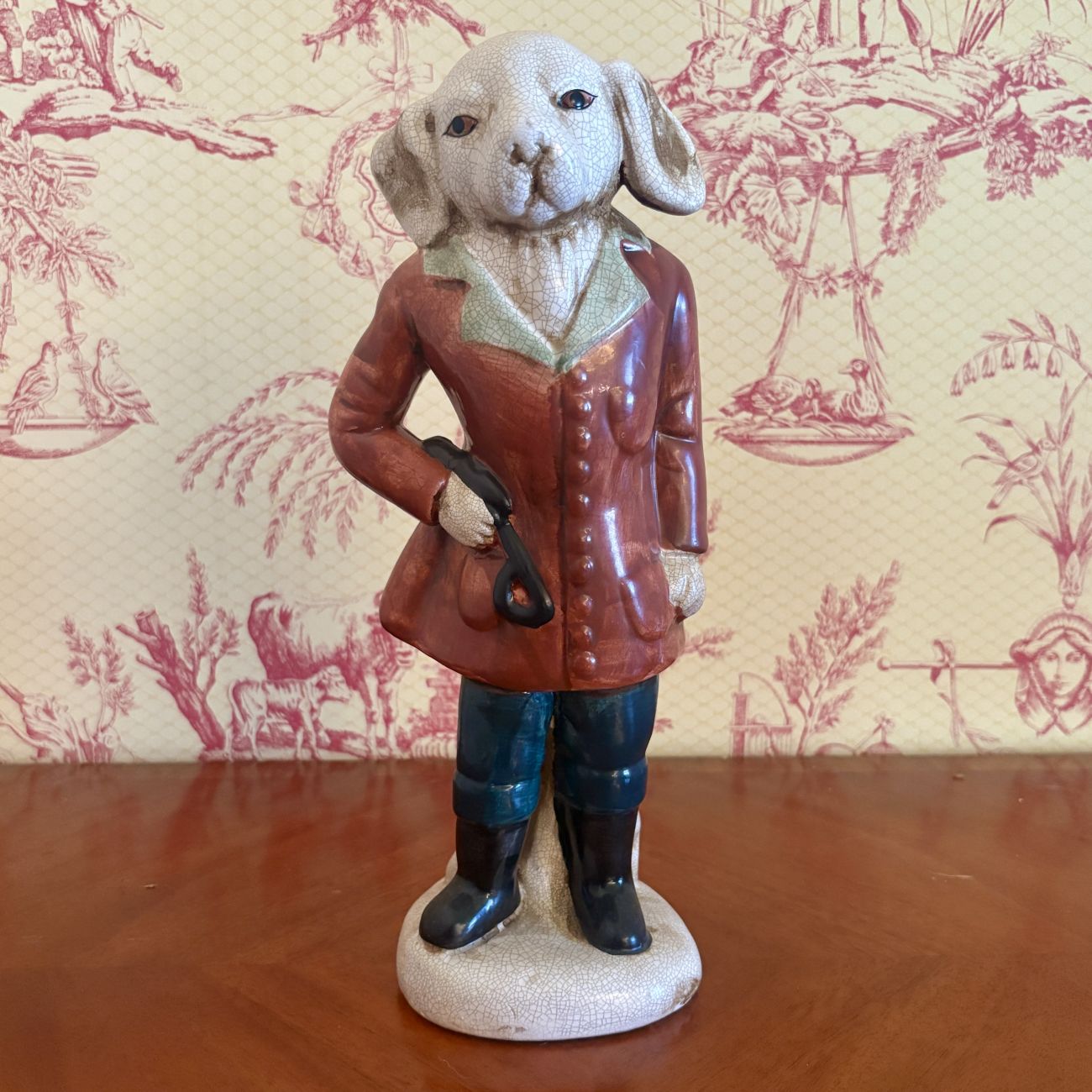 Crackle Glazed Ceramic Anthropomorphic Hound Figurine in Hunting Attire