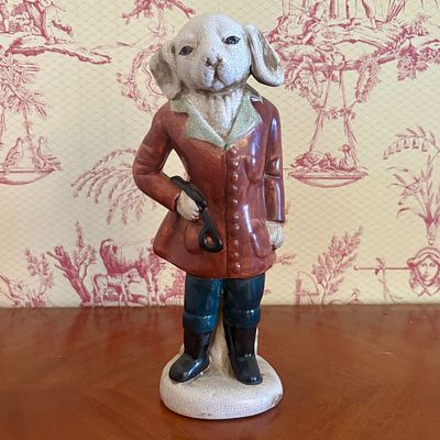 Crackle Glazed Ceramic Anthropomorphic Hound Figurine in Hunting Attire. A ceramic 