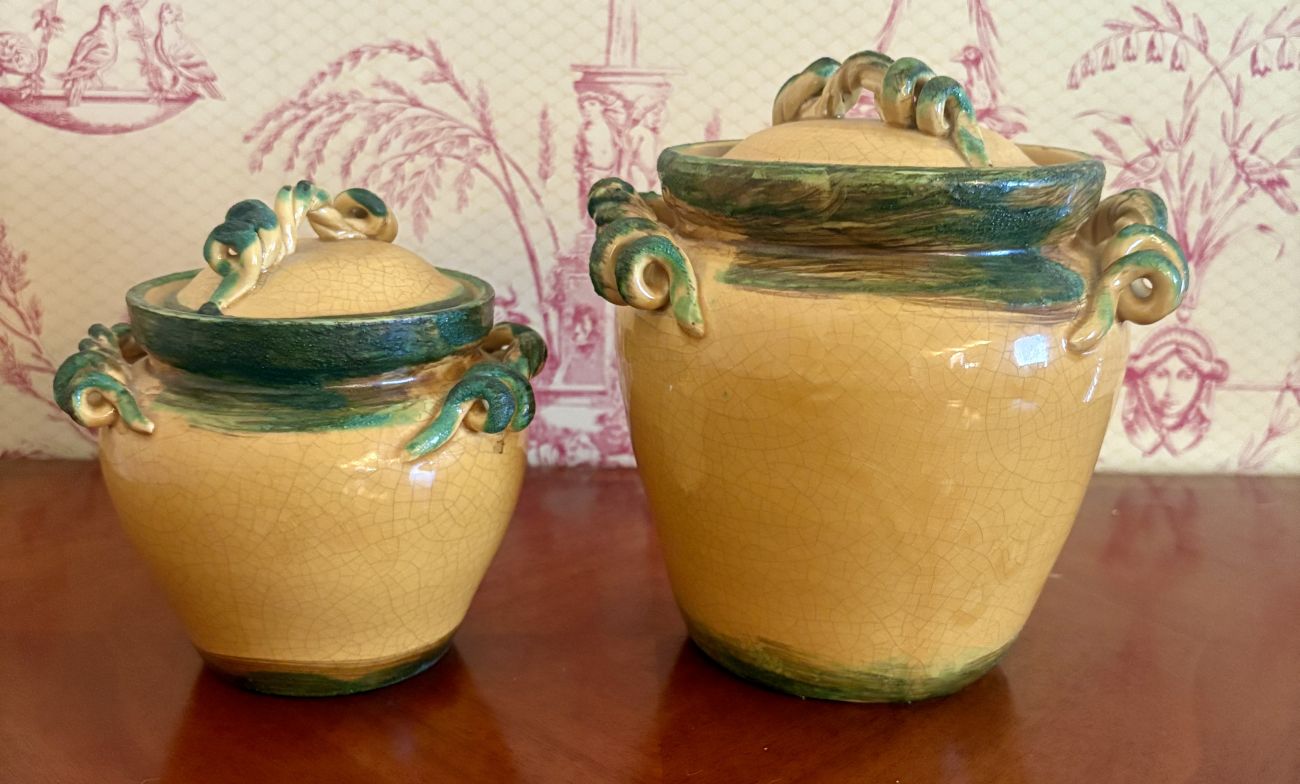 A Pair of Italian Glazed Earthenware Lidded Jars