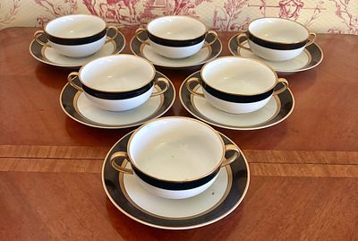 Set of Six Fitz and Floyd Porcelain Renaissance Pattern Cream Soup Bowls and Underplates. A set 