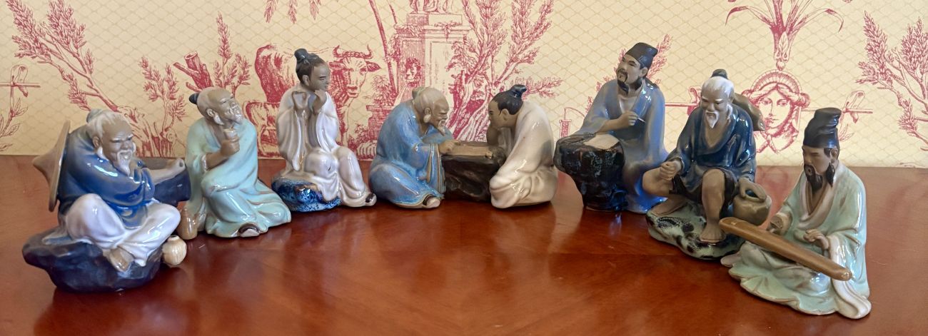 A set of seven glazed sancai-style porcelain 'Seven Sages of the Bamboo Grove' figurines, 20th century