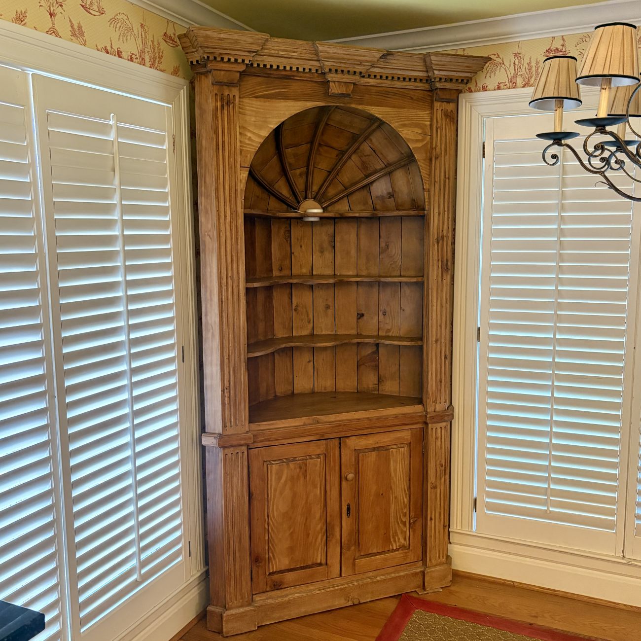 Georgian Style Standing Pine Corner Cupboard with Sunburst Carved Dome