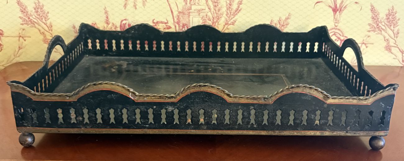Indian Painted Toleware Rectangular Gallery Tray with Ball Feet