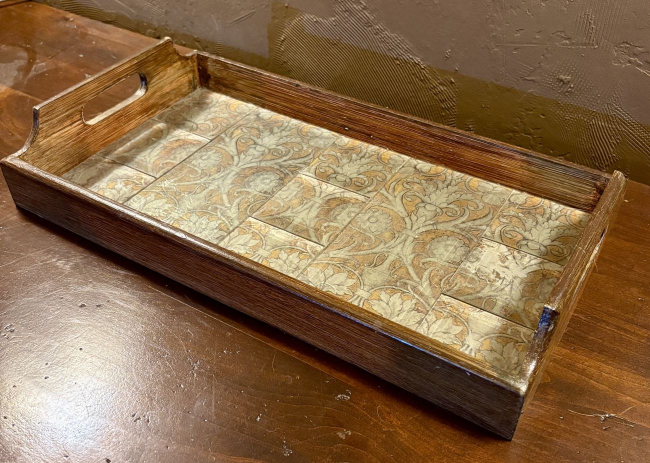 Rectangular Wooden Serving Tray with Mirrored Glass Damask Patterned Inset