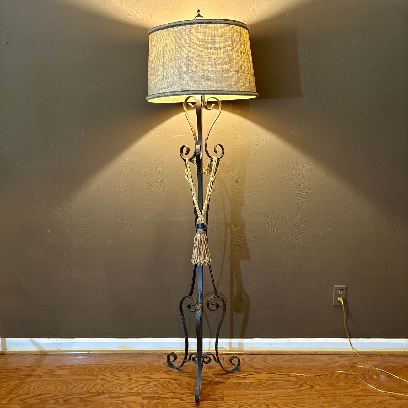 Wrought Iron Floor Lamp with Oversized Crackle Finish Shade and Rope Tassel Accents