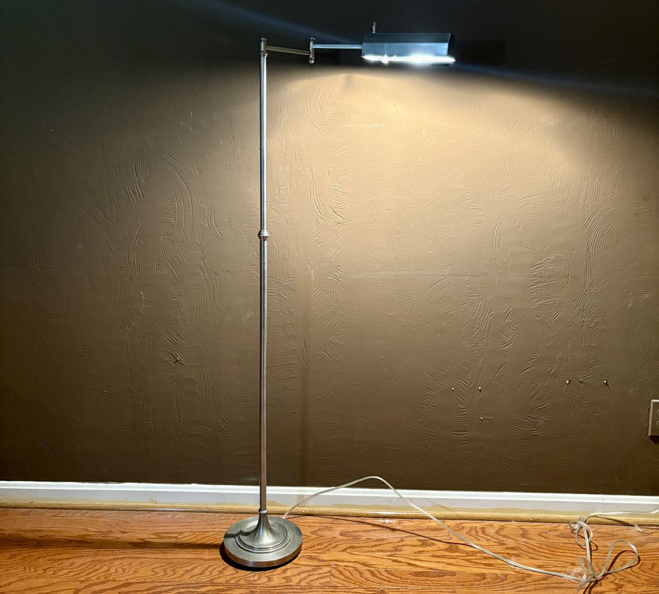 Modern Adjustable Pharmacy Swing Arm Floor Lamp in Brushed Metal Finish