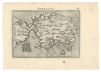 Abraham Ortelius, J.B.Vrients - Antwerp, 1602. - "Sardinia". Miniature Map of Sardinia, Italian edition.
