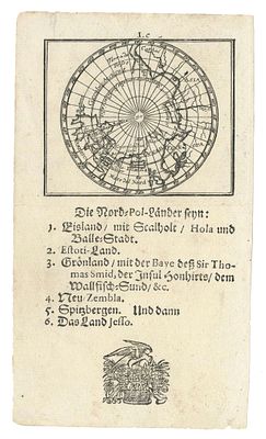 Johann Ulrich Muller - Ulm, 1692. - "Die Nord=Pol-Lander Senn". Miniature map of the North Pole and 