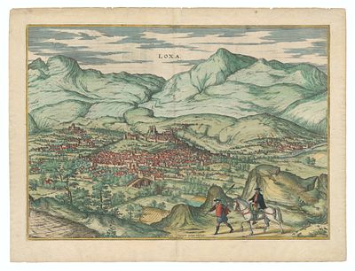 Georg Braun and Frans Hogenberg - Cologne, 1575. - "Loxa". 16th century prospect of Loja, Latin 