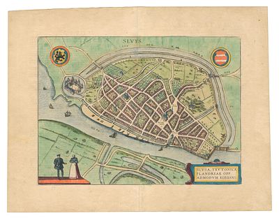 Georg Braun and Frans Hogenberg - Cologne, 1581. - "Sluys". 16th century town-plan of Sluis in Belgium.