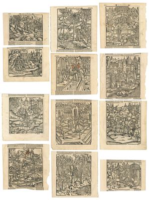 Johann Gruninger, Jacques Sacon - 1517. - "Lot of 12 Medieval woodcut illustrations on Virgil’s works"