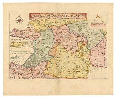 Joseph Moxon - London, 1660. - "Paradise or the Garden of Eden With the Countries circumjacent 