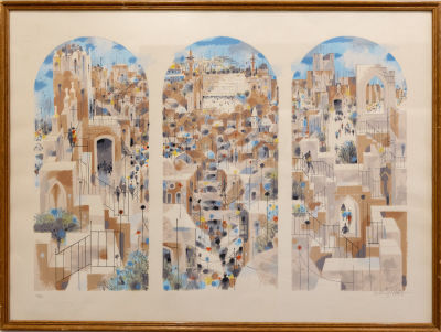 ירושלים. שמואל כץ. סירגרף. מאה ה-20. סריגרף על נייר. בעיצוב מיוחד בצורת טריפטיכון, בסדרה של 80 