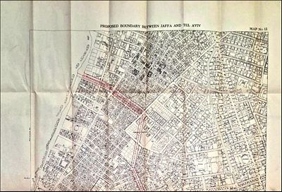 מפת תל אביב, 1938, הצעת חלוקה בין הערים תל אביב ליפו . מפה משנת 1938 המתאת את קו הגבול בין תל 