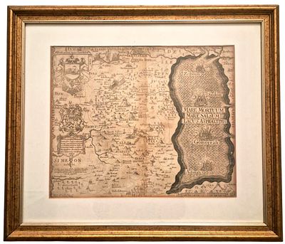 מפת תחריט עתיקה ונדירה של פלשתינה , במרכזה - ים המלח, וחלוקה לשבטים, 1650 בקירוב , ממוסגרת. Holy 