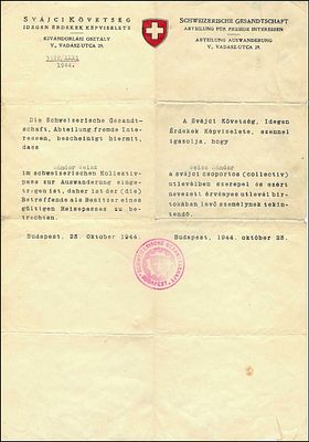 כתב חסות שוויצרי ליהודי בעל אשרת עלייה, ביוזמת קרל לוץ להצלת יהודי הונגריה. כתב חסות שוויצרי 