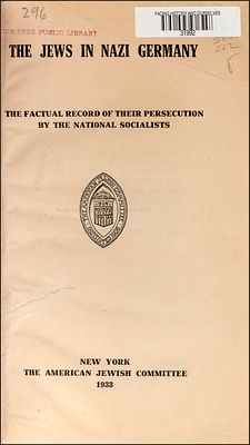 The persecution of the Jews in Nazi Germany, 1933, first edition. פרסום ראשון באמריקה על רדיפת 