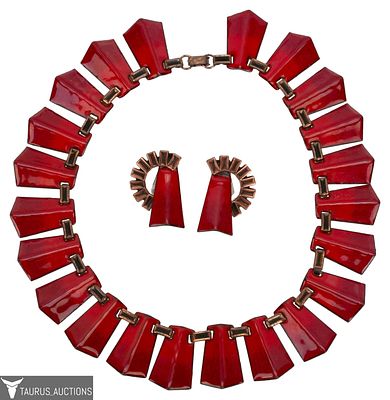Renoir-Matisse Red Enamel Copper Demi Parure. Item/Description: Magnificent Renoir- Matisse red 
