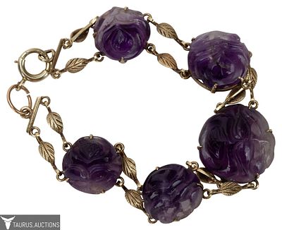 14K Carved Purple Jade Floral Station Bracelet. Item/Description: Exquisite purple jade station 