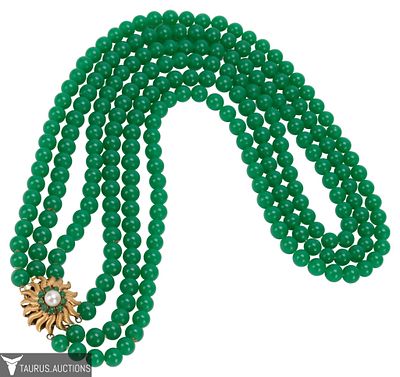 14K Green Jade Triple Strand Torsade Necklace. Item/Description: Outstanding jade torsade bead 