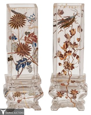 Emile Galle - "Mantis" Painted Glass Vases. Item/Description: Extremely rare pair of enameled 
