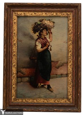 19th C Street Vendor Portrait Oil Painting. Item/Description: Full length portrait painting 