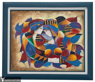 Israeli Cubist Painting - Portrait of a Couple. Item/Description: Abstract, Cubism portrait 