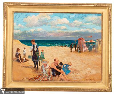 James R. Harrington Beach Scene Oil Painting. Item/Description: Original oil painting depicts a 