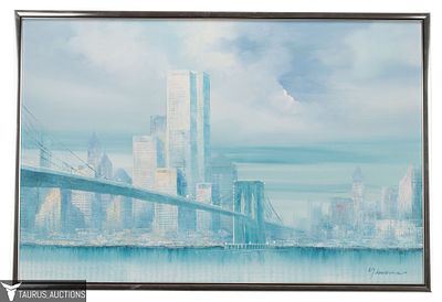 Giacomo - NYC Skyline Oil Painting. Item/Description: Original, blue-hued oil painting of the 