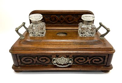 Victorian Oak Desk Inkstand. Item/Description: Featuring an intricately carved oak inkstand with 