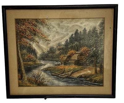 Riverside Landscape Straw Mixed Media. Item/Description: A mixed media landscape depicting a 
