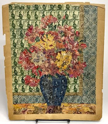 Folk Art Postage Stamp Still-Life Collage. Item/Description: Vibrant vintage postage stamp 