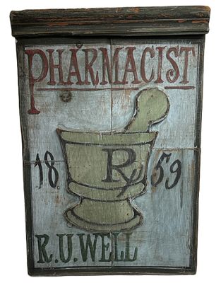 Decorative Vintage-Style Pharmacist Wooden Sign. Item/Description: Vintage-style blue painted 