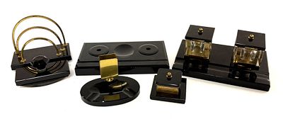 Art Deco Black Lacquer & Glass Desk Set. Item/Description: Five-piece antique Art Deco desk set 