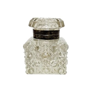Monogrammed Cut Crystal & Sterling Silver Inkwell. Item/Description: Antique cut crystal inkwell 