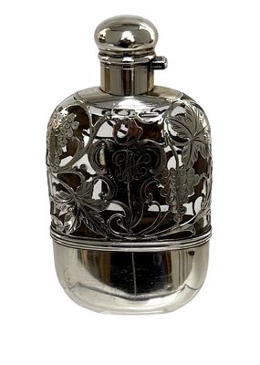 Art Nouveau Sterling Silver Overlay Flask. Item/Description: Antique sterling silver overlay 