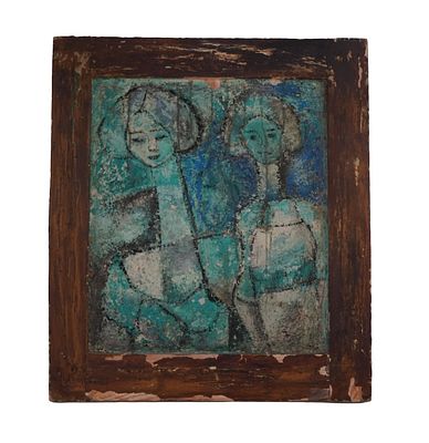 Modernist Cubism Figural Oil Painting. Item/Description: Abstract, cubist painting features two 