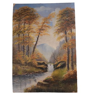 L.J. Sterling - Autumn Forest Landscape Painting. Item/Description: Forest landscape scene with 