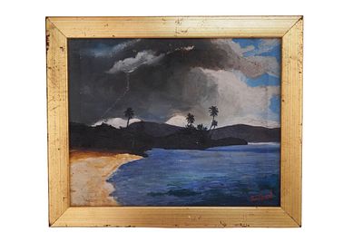 Tropical Landscape with Stormy Skies. Item/Description: Original painting of a dramatic seaside 