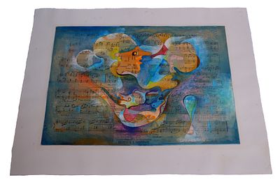 Abstract Expressionist Painting on Sheet Music. Item/Description: Watercolor and gouache 
