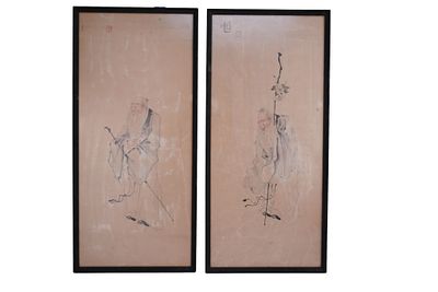 Pair of Chinese Scroll Paintings. Item/Description: Two framed ink wash watercolor paintings 