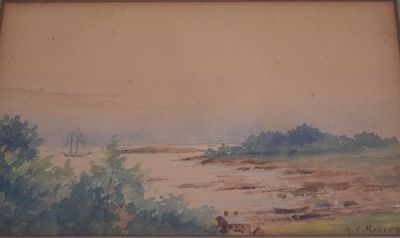 HC Moore - 19th c. Watercolor Landscape. Item/Description: Impressionist coastal landscape scene 