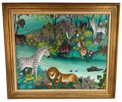 Gustavo Novoa Jungle Scene Painting. Item/Description: Original tropical jungle-river scene 