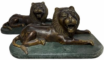 Pair of Large Bronze Recumbent Lions. Item/Description: Two heavy bronze lion sculptures mounted 