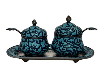 Antique Korean Silver & Guilloche Enamel Tea Set. Item/Description: Outstanding seven piece 